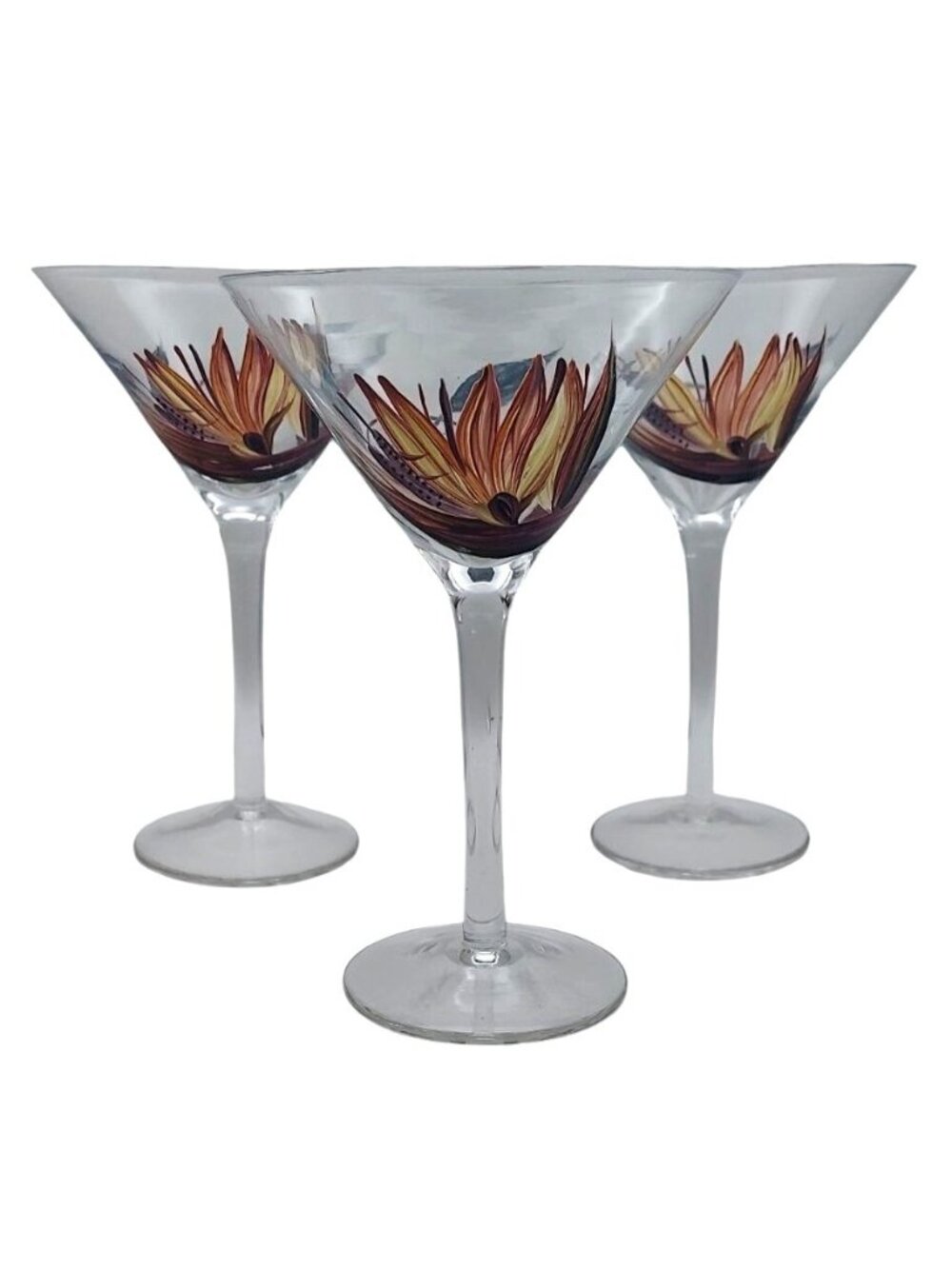 Hand Painted Botanical Floral Clear Glass Martini Cocktail Glasses Set of 3